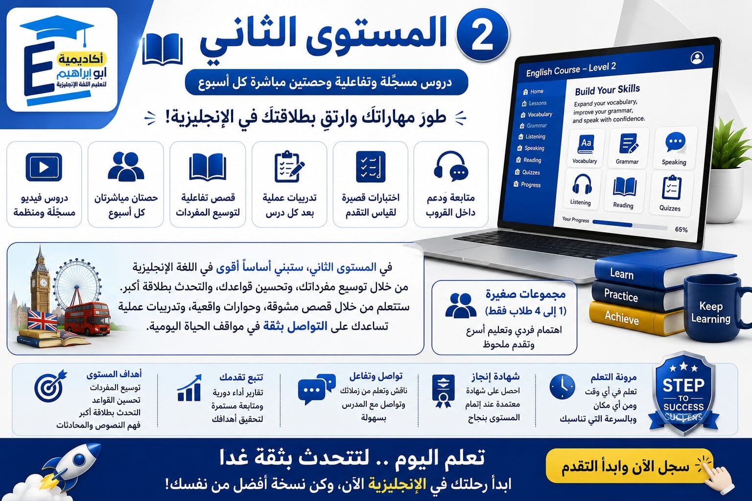 المستوى الثاني – دروس مسجَّلة وتفاعلية وحصتين مباشرة كل اسبوع